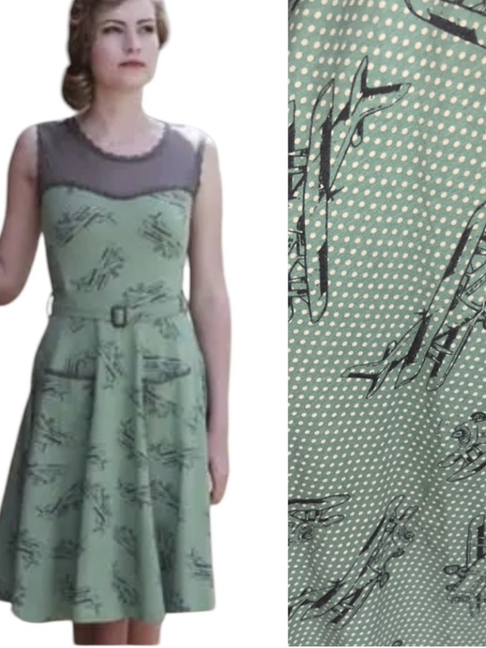 Effie's Heart Jackie Airplane print Mint midi Dress with Gray Sheer Yoke XS